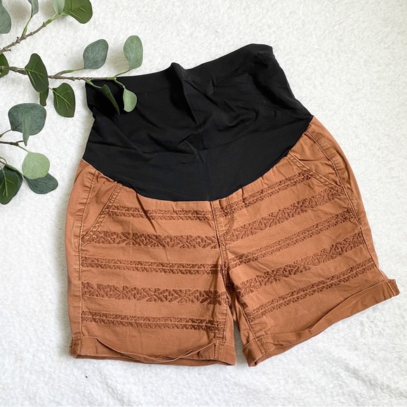 A:Glow | full panel maternity rust colored embroidered shorts - Picture 1 of 6